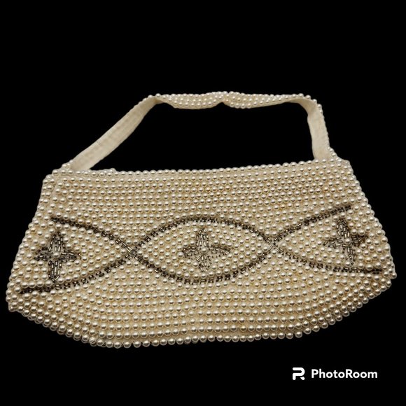 Vintage Pearl And Silver Bead Made in Japan Evening Handbag Purse Satin Lining - Picture 1 of 8